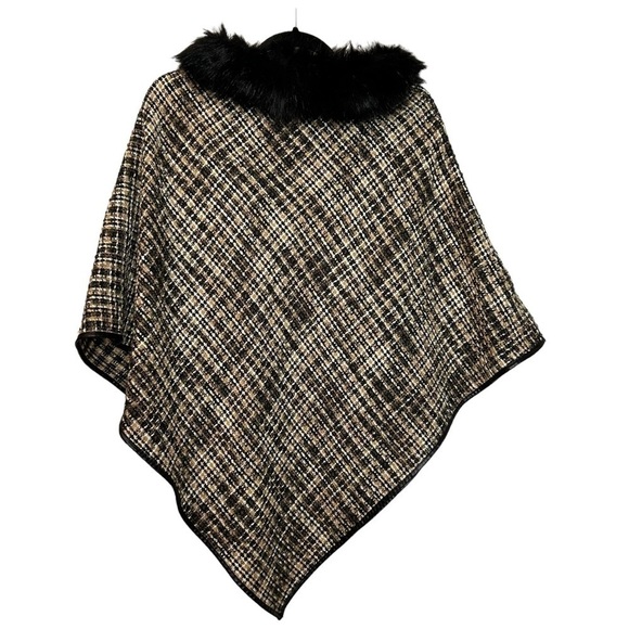 On Trend Odiva Faux Fur Tweed Poncho w/ Faux Fur Collar and Faux Leather Piping - Picture 3 of 10